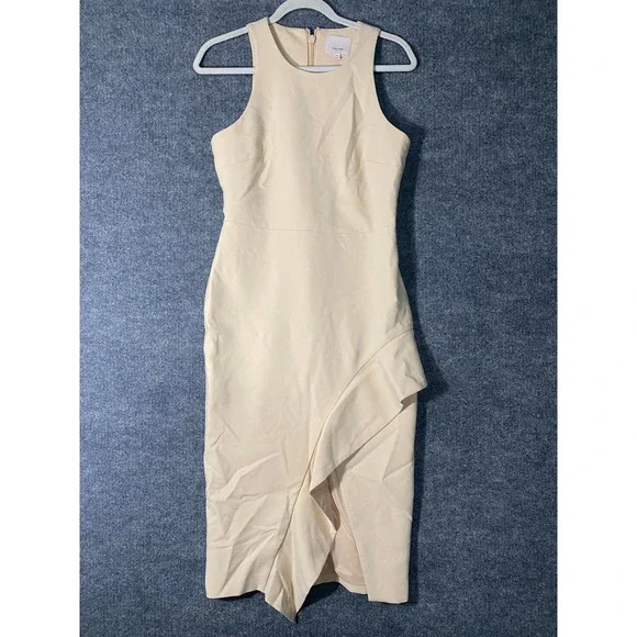 Cinq A Sept Midi Dress 8 Medium Beige Sand Sleeveless Piper Ruffle  Asymmetrical